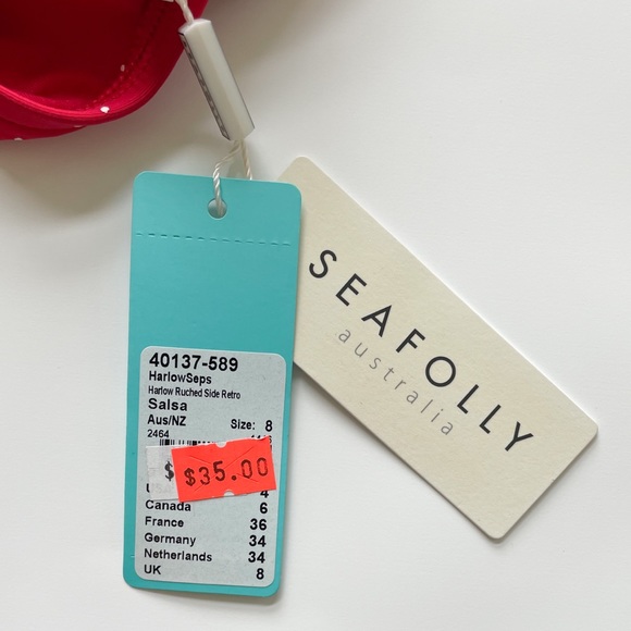 Seafolly Red Off White Polka Dot Harlow Ruched Side Retro Bikini Bottoms 4 NWT - Picture 8 of 9